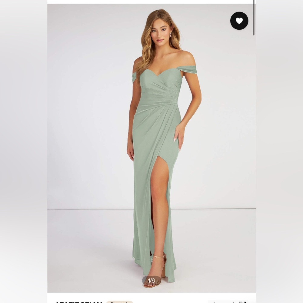 Azazie Dusty Sage Ruched Off-Shoulder Bridesmaid Gown